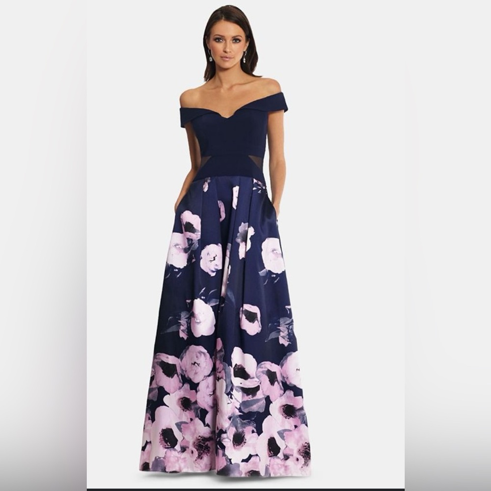 Xscape Women’s Floral Mesh Inset Formal Ball Gown Dress Navy/Purple Size 10P